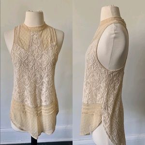 Free People Cream Lace Sleeveless High-Neck Blouse